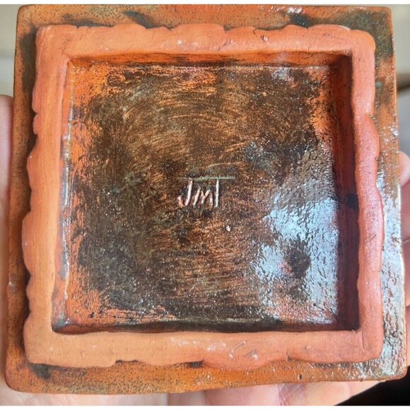 Signed Ceramic Box With Octopus Lid  OOAK Green Shiny Glaze - Picture 7 of 12